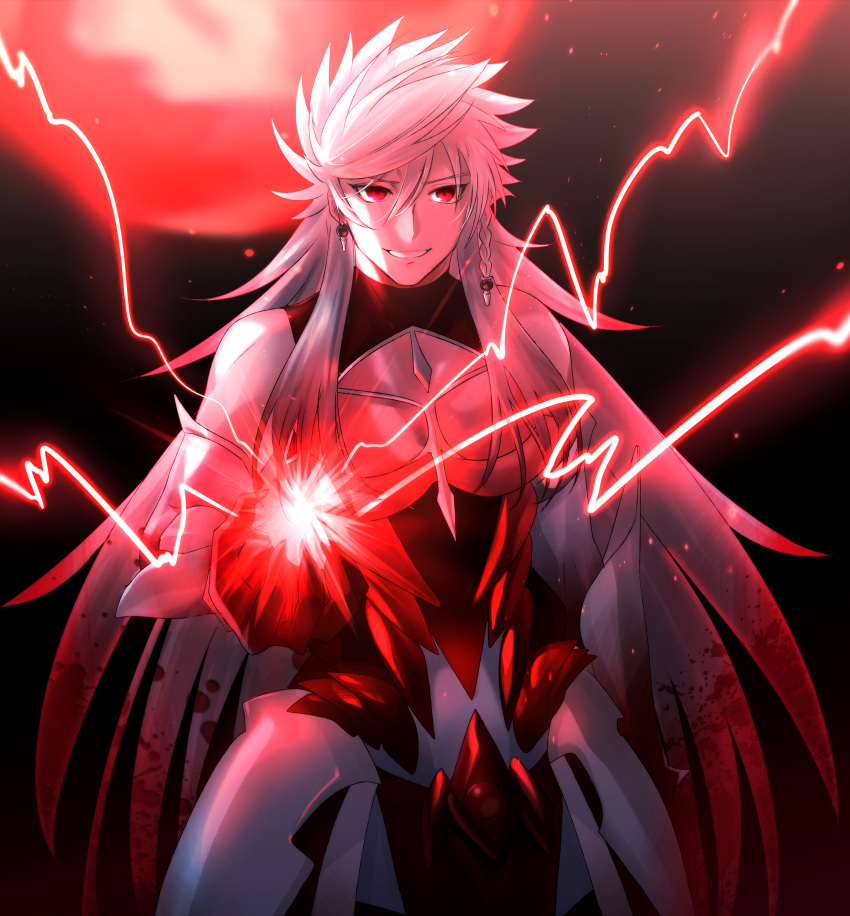 1boy absurdres alternate_design alternate_hair_color animal_ears bangs blood blood_stain bloody_clothes bloody_hands earrings evil_smile fate/grand_order fate_(series) highres jewelry lightning_bolt long_hair male_focus moon onasu_(sawagani) red_moon romulus_quirinus_(fate/grand_order) smile tail upper_body very_long_hair wolf_boy wolf_ears wolf_tail