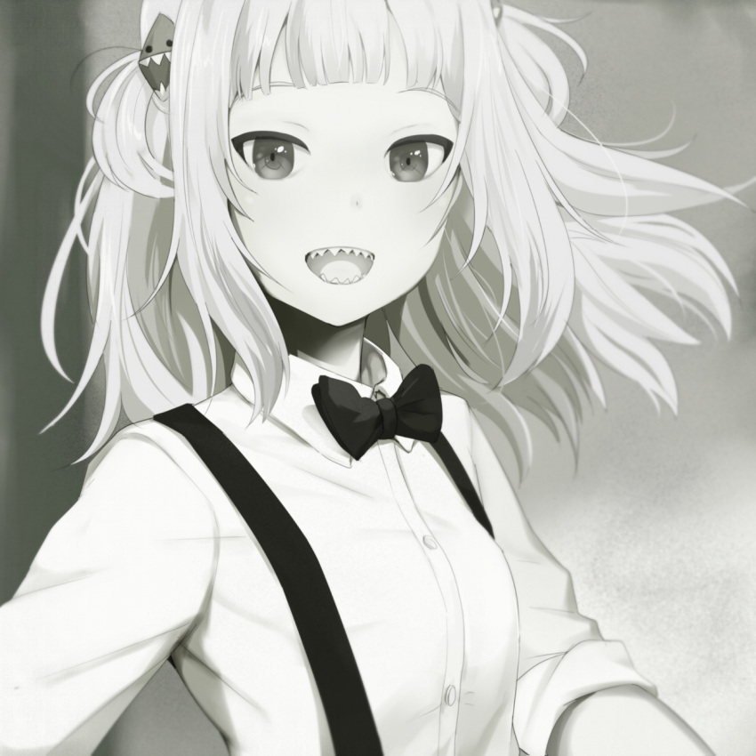 1girl bangs blunt_bangs bow bowtie breasts collared_shirt commentary_request cosplay face gawr_gura hair_ornament highres hiwonoafu hololive hololive_english long_sleeves looking_at_viewer medium_hair monochrome open_mouth shark_hair_ornament sharp_teeth shirt small_breasts solo suspenders takeuchi_mariya takeuchi_mariya_(cosplay) teeth two_side_up upper_body virtual_youtuber