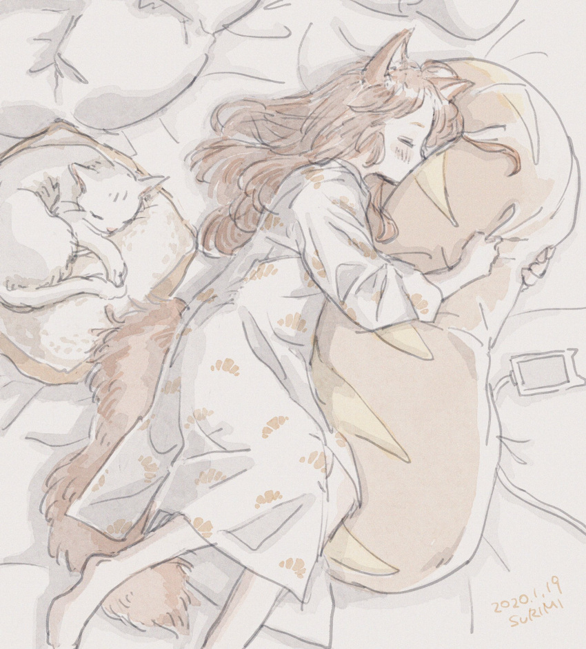 1girl animal_ears barefoot cat cellphone dress eokaku_surimi from_above highres long_hair original phone pillow pillow_hug sleeping smartphone solo tail