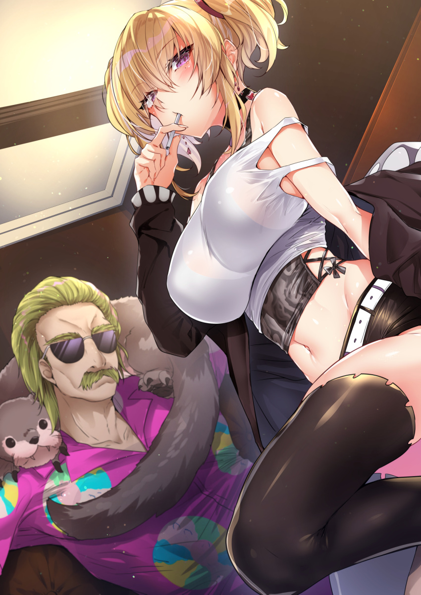 1boy 1girl animal bare_shoulders belt black_choker black_jacket black_legwear black_shorts blonde_hair blush bra_through_clothes breasts choker coco_kaine collared_shirt commentary_request crop_top dutch_angle earrings facial_hair hawaiian_shirt highres hololive in_mouth indoors jacket jewelry large_breasts midriff mole mole_under_eye mustache navel off_shoulder pink_shirt sasakuma_kyouta see-through shirt short_shorts shorts sidelocks sunglasses tank_top thigh-highs thighs twintails violet_eyes white_belt white_tank_top