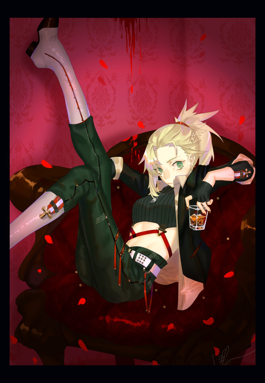 1girl absurdres alcohol alternate_costume belt black_sweater blonde_hair blood boots casual chair cup fate/grand_order fate_(series) fingerless_gloves gloves green_eyes hairband highres iron_cross jacket legs_up long_hair looking_at_viewer midriff military military_uniform mordred_(fate) mordred_(fate)_(all) nail_polish pants red_nails sitting strap studded_belt sweater tied_hair uniform whiskey zipper