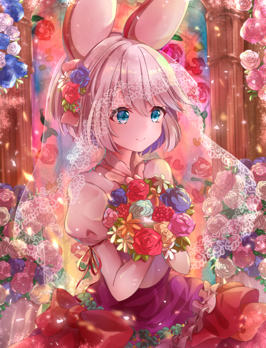 alternate_costume blue_eyes blue_flower blue_rose clover commentary dress elphelt_valentine flower frills guilty_gear hair_flower hair_ornament hands_clasped headband highres holding looking_away own_hands_together pink_flower pink_rose purple_flower purple_rose ribbon rose short_hair smile stained_glass usari_sk veil white_flower white_hair white_rose