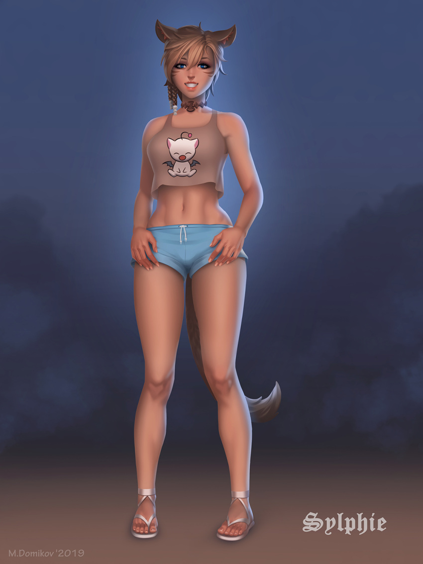 1girl animal_ears blonde_hair blue_eyes braid cat_ears cat_tail choker commission facial_mark final_fantasy final_fantasy_xiv full_body hair_between_eyes hands_on_hips highres looking_at_viewer maxim_domikov midriff miqo'te sandals short_hair short_shorts shorts smile solo standing tail tank_top whisker_markings