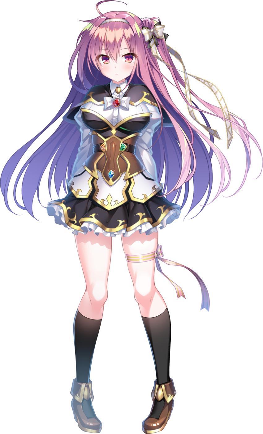 1girl absurdres ahoge akina_randal black_legwear bow full_body gem hair_bow hair_ribbon hairband highres juliet_sleeves kneehighs long_hair long_sleeves looking_at_viewer official_art one_side_up petticoat pigeon-toed pink_eyes pleated_skirt puffy_sleeves purple_hair ribbon shouna_mitsuishi skirt smile solo sorceress_alive! thigh_ribbon transparent_background