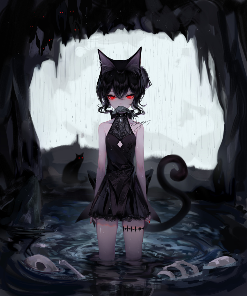 1girl animal_ears artist_name bangs bare_arms bare_shoulders black_dress black_hair cat_ears cat_tail cave commentary cowboy_shot dress highres mouth_hold original red_eyes sheya short_hair signature sleeveless sleeveless_dress solo standing symbol_commentary tail thighs wading