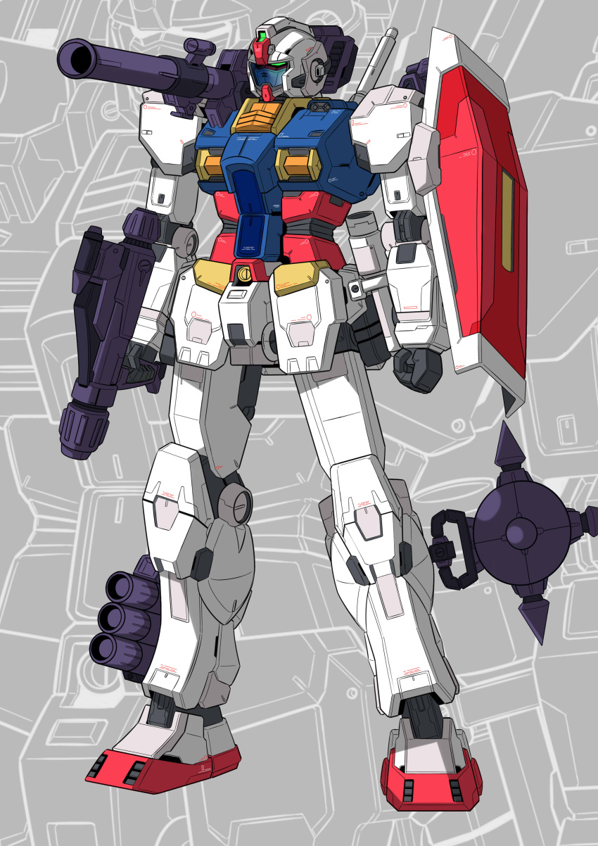 absurdres chinese_commentary clenched_hand eglt green_eyes gun gundam highres holding holding_gun holding_weapon looking_ahead mecha mobile_suit_gundam no_humans redesign rx-78-2 shoulder_cannon solo standing visor weapon zoom_layer