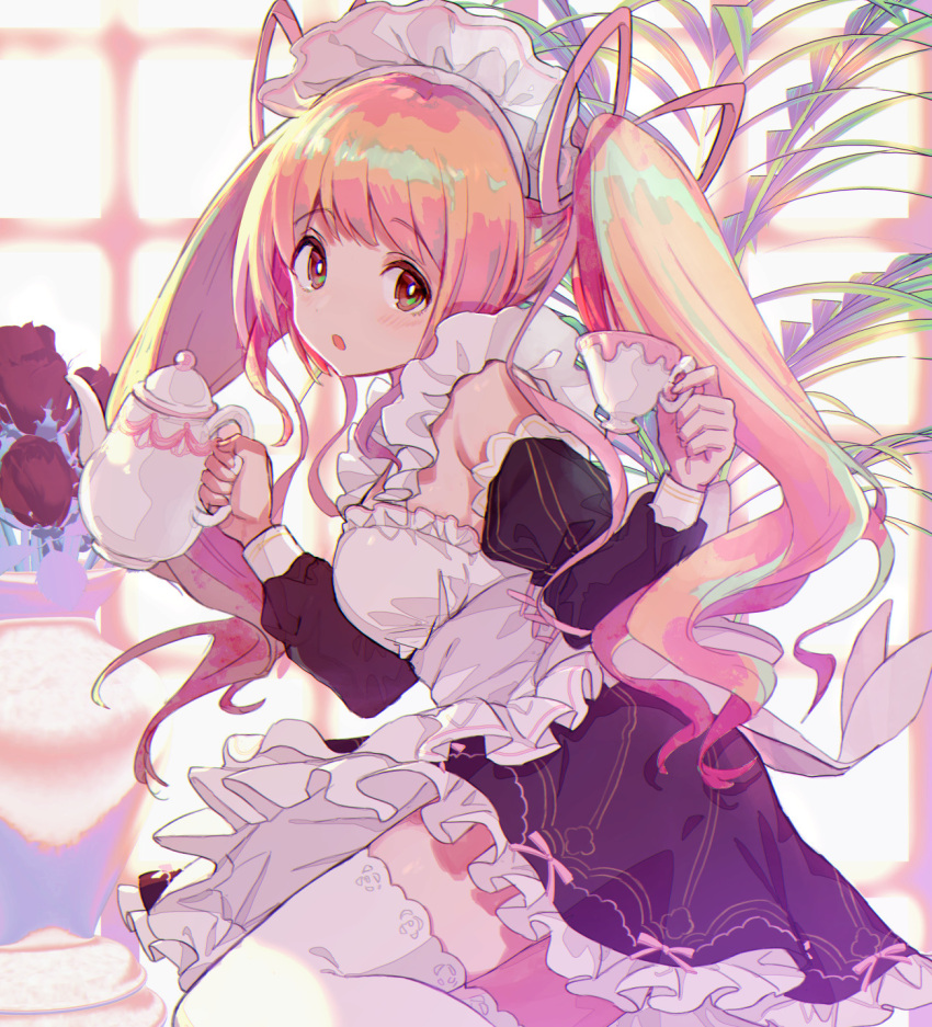 1girl apron backlighting bangs black_dress black_sleeves blonde_hair brown_eyes commentary cup detached_sleeves dress eyebrows_visible_through_hair frilled_dress frilled_sleeves frills from_side hair_ribbon hayama_eishi highres holding holding_cup holding_teapot long_hair looking_at_viewer maid maid_apron maid_headdress open_mouth original pink_ribbon plant ribbon short_dress sleeveless sleeveless_dress standing teacup teapot thigh-highs twintails white_apron white_legwear
