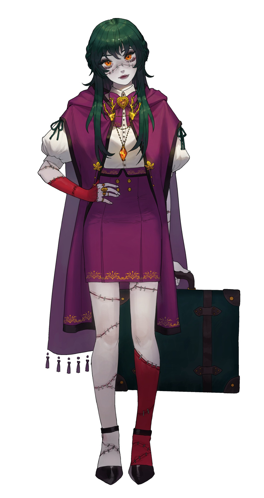 1girl absurdres briefcase fangs green_hair grey_skin hand_on_hip highres holding holding_briefcase korean_commentary long_hair looking_at_viewer original solo stitches tyamu_choijongsian yellow_eyes