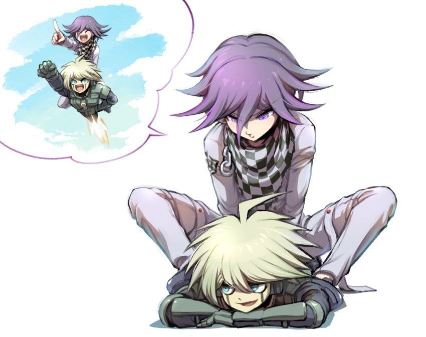 2boys :d ahoge android arm_up bangs black_footwear blue_eyes checkered checkered_scarf commentary_request dangan_ronpa flying hair_between_eyes happy jacket keebo long_hair looking_at_another looking_down lyign lying male_focus multiple_boys new_dangan_ronpa_v3 on_person on_stomach open_mouth ouma_kokichi pants purple_hair scarf short_hair silver_hair sitting smile speech_bubble white_background white_jacket white_pants youko-shima