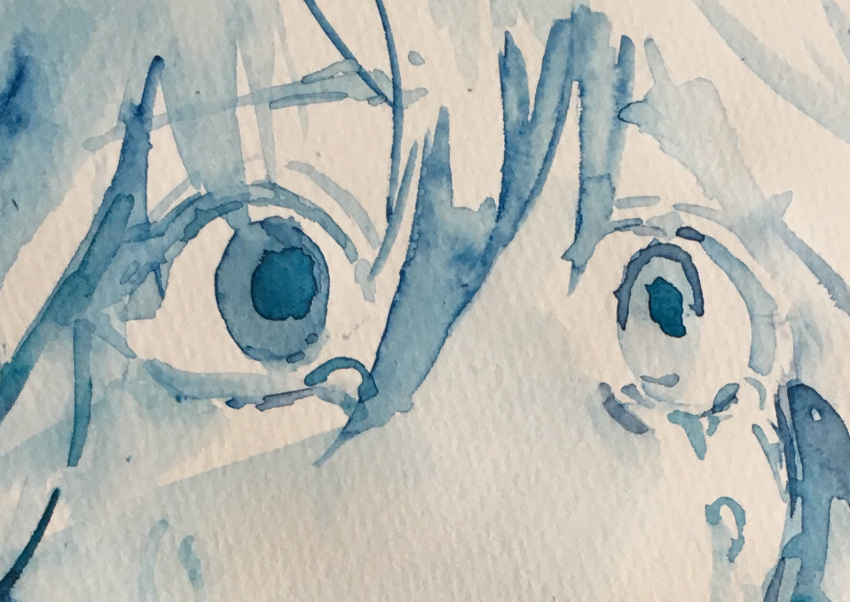 1other blue_eyes blue_hair blue_theme close-up crying eyes face hair_between_eyes mayori_fujiyoshi minimalism monochrome no_nose original tears traditional_media watercolor_(medium)