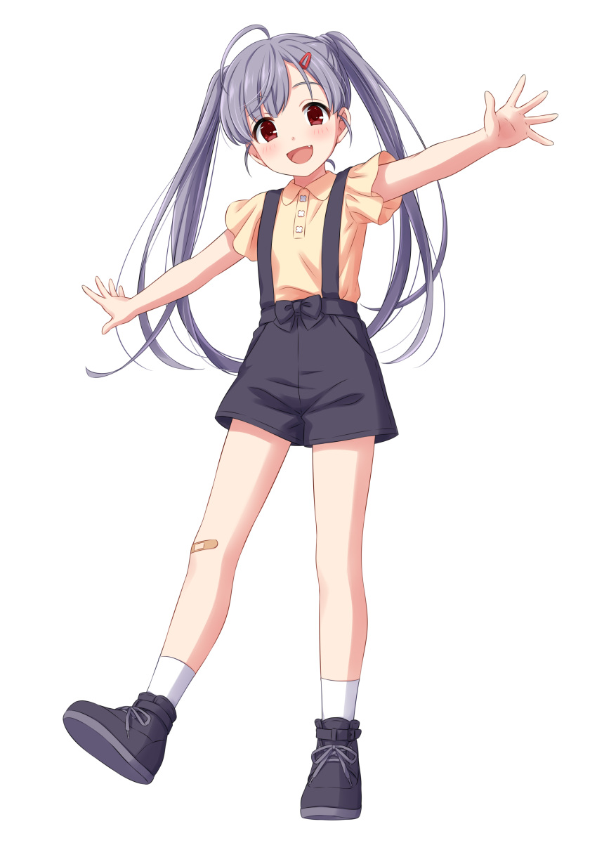 1girl :d absurdres ahoge bandaid bandaid_on_knee black_footwear black_shorts blush collared_shirt commentary_request copyright_request fang full_body grey_hair hair_ornament hairclip head_tilt highres long_hair looking_at_viewer open_mouth outstretched_arms red_eyes sekina shirt shoes short_shorts short_sleeves shorts simple_background smile socks solo spread_arms suspender_shorts suspenders twintails white_background white_legwear wing_collar yellow_shirt