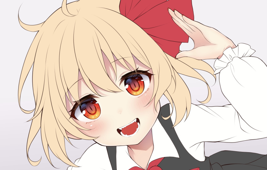 1girl ahoge black_dress blonde_hair blush close-up collared_shirt commentary dress dutch_angle eyebrows_visible_through_hair face gradient gradient_background grey_background hair_ribbon highres long_sleeves looking_at_viewer miy@ open_mouth red_eyes red_neckwear red_ribbon ribbon rumia shirt short_hair simple_background sketch solo teeth touhou upper_body white_shirt