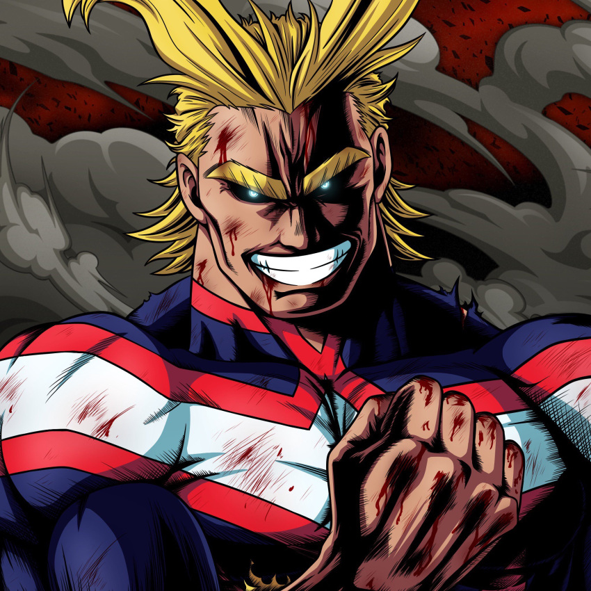 1boy all_might antenna_hair black_sclera blonde_hair blood blood_on_face blood_stain bloody_hands bodysuit boku_no_hero_academia clenched_hand commentary glowing glowing_eyes hand_up highres looking_at_viewer male_focus messy_hair muscle short_hair smile solo studio_viga thick_eyebrows torn_bodysuit torn_clothes upper_body