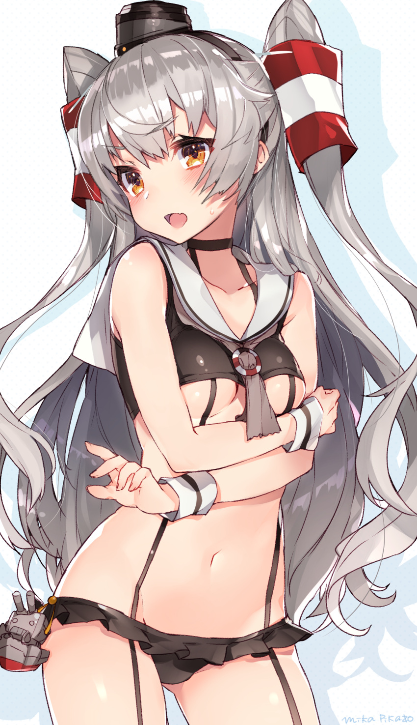 1girl adapted_costume amatsukaze_(kantai_collection) bare_shoulders bikini blush breasts brown_eyes character_doll choker collarbone embarrassed garter_straps hair_tubes hairband highres kantai_collection lifebuoy long_hair looking_at_viewer mika_pikazo navel open_mouth rensouhou-kun silver_hair small_breasts solo swimsuit two_side_up under_boob windsock wrist_cuffs