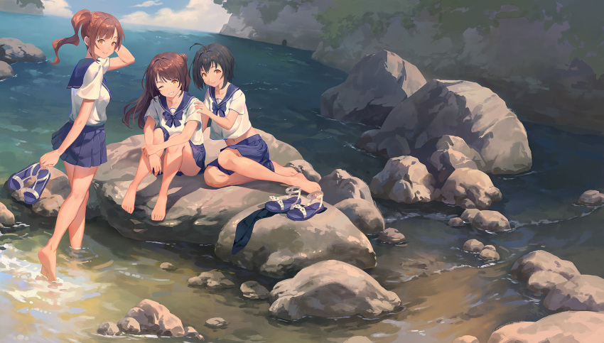 3girls ;) ahoge arm_behind_back arm_up arms_on_knees bangs barefoot black_hair blouse blue_bow blue_footwear blue_neckwear blue_sailor_collar blue_skirt bow bowtie brown_eyes brown_hair closed_mouth commentary_request convenient_leg day footwear_removed gawain_(artist) grin hand_on_another's_shoulder highres holding holding_clothes holding_footwear horizon idolmaster idolmaster_cinderella_girls igarashi_kyouko knees_up kohinata_miho long_hair looking_at_viewer looking_back midriff miniskirt multiple_girls navel one_eye_closed one_side_up outdoors pink_check_school pleated_skirt rock sailor_collar sandals school_uniform serafuku shimamura_uzuki shiny shiny_hair short_hair short_sleeves side_ponytail sidelocks sitting sitting_on_rock skirt smile standing wading water white_blouse yokozuwari