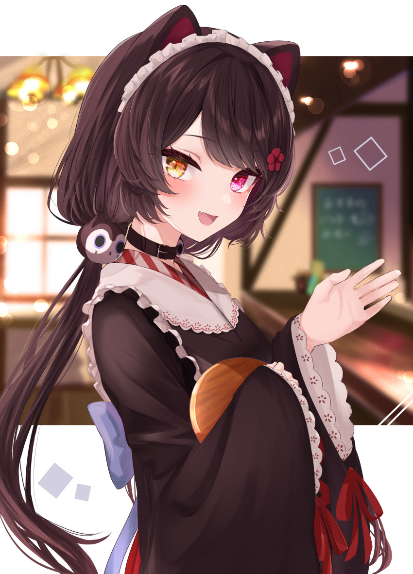 1girl :d absurdres animal_ears bangs black_collar black_hair black_kimono blurry blurry_background blush brown_hair collar commentary_request depth_of_field dog_ears dog_girl eyebrows_visible_through_hair fang flower hair_flower hair_ornament heterochromia highres inui_toko japanese_clothes keichan_(user_afpk7473) kimono long_hair long_sleeves looking_at_viewer low_twintails maid_headdress nijisanji open_mouth pink_eyes red_eyes red_ribbon ribbon smile solo twintails virtual_youtuber wa_maid wide_sleeves