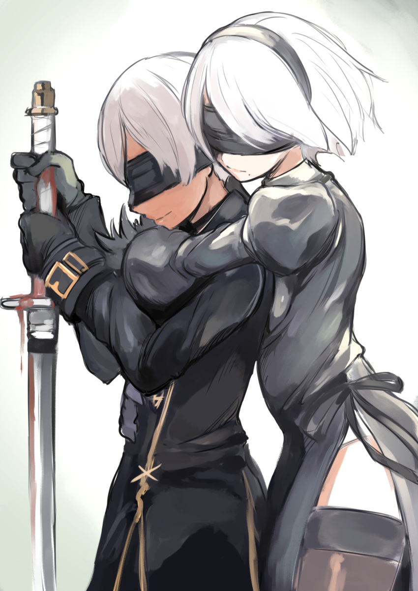 1boy 1girl black_blindfold black_gloves black_hairband black_legwear blindfold covered_eyes cowboy_shot feather-trimmed_sleeves feather_trim gloves hairband hasegawa_(morebeer) highres holding holding_sword holding_weapon hug hug_from_behind juliet_sleeves long_sleeves mole mole_under_mouth nier_(series) nier_automata profile puffy_sleeves short_hair sword thigh-highs weapon white_hair yorha_no._2_type_b yorha_no._9_type_s