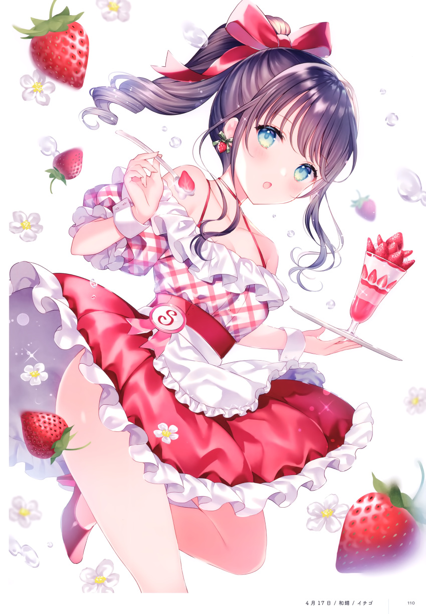 1girl absurdres apron artist_name bangs bare_shoulders black_hair blue_eyes blush bow breasts buttons collarbone dress earrings fingernails floral_background flower food food_themed_earrings frills fruit hair_bow high_heels highres holding ice_cream jewelry long_hair looking_at_viewer medium_breasts open_mouth original page_number ponytail puffy_short_sleeves puffy_sleeves red_footwear scan shiny shiny_hair shiny_skin short_dress short_sleeves skirt solo spoon strawberry strawberry_earrings thighs tied_hair tray waist_apron wasabi_(sekai) wrist_cuffs