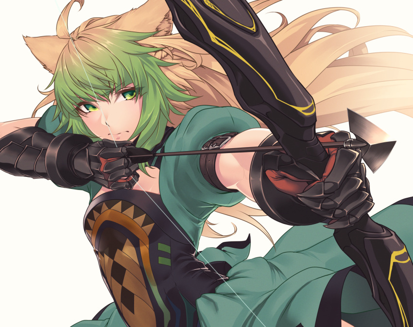 1girl ahoge animal_ears atalanta_(fate) blonde_hair bow_(weapon) cat_ears dress fate/apocrypha fate_(series) gauntlets green_hair highres hikichi_sakuya long_hair multicolored_hair puffy_short_sleeves puffy_sleeves short_sleeves simple_background solo two-tone_hair upper_body weapon white_background