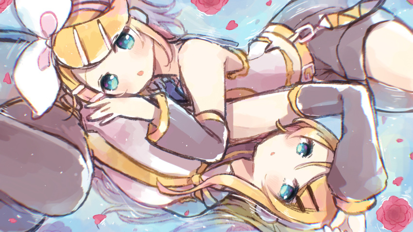 2girls :o bare_shoulders blonde_hair blue_eyes bow detached_sleeves dual_persona flower future_style_(module) hair_bow hair_ornament hairclip half-closed_eyes highres kagamine_rin leaning_on_person looking_at_viewer lying multiple_girls older on_back on_side partially_submerged petals sailor_collar shirt shorts sketch sleeveless sleeveless_shirt thigh-highs vocaloid water yuirinex