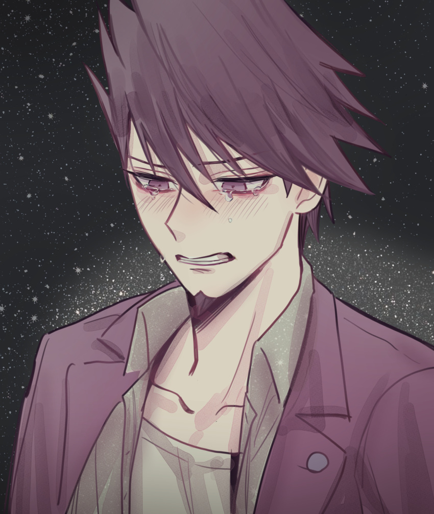 1boy blush clenched_teeth collarbone collared_shirt commentary_request crying dangan_ronpa facial_hair goatee grey_shirt highres jacket kimbok looking_down male_focus momota_kaito new_dangan_ronpa_v3 open_clothes open_jacket pink_eyes pink_jacket purple_hair shirt short_hair solo space spiky_hair starry_background tears teeth