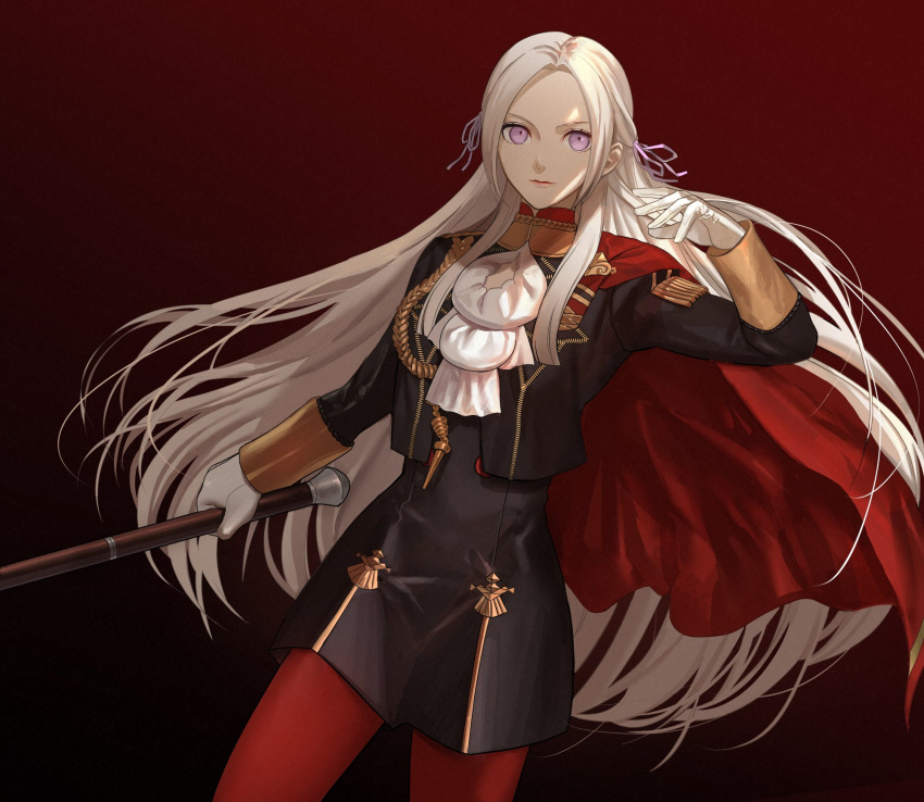 1girl aiguillette ashiwara_yuu bangs black_dress black_jacket breasts cape closed_mouth commentary cowboy_shot dress edelgard_von_hresvelg fire_emblem fire_emblem:_three_houses garreg_mach_monastery_uniform gloves gradient gradient_background hair_ribbon highres holding holding_weapon jacket lips long_hair looking_at_viewer pantyhose parted_bangs red_background red_cape red_legwear ribbon short_dress simple_background small_breasts solo straight_hair violet_eyes weapon white_gloves