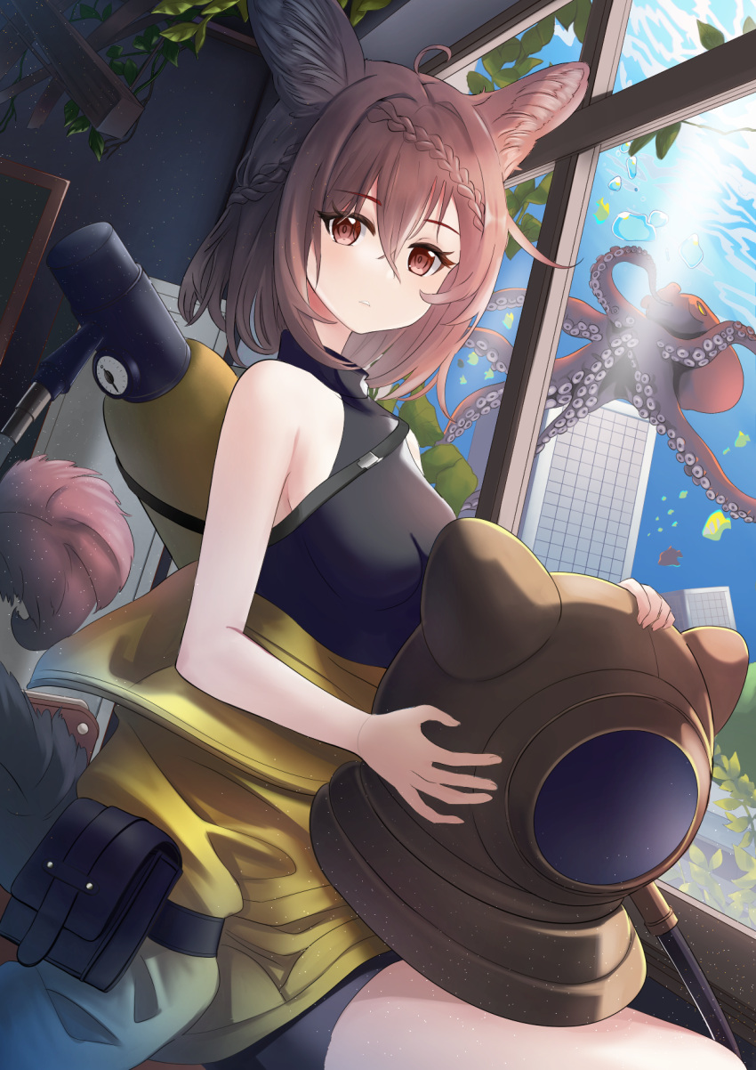 1girl ahoge animal animal_ear_fluff animal_ears bangs bare_shoulders black_shirt black_shorts braid breasts brown_eyes brown_hair closed_mouth commentary_request diving_helmet eyebrows_visible_through_hair hair_between_eyes helmet highres john_manjirou_(love-love-happy21) looking_at_viewer octopus original oxygen_tank shirt short_shorts shorts sitting sleeveless sleeveless_shirt small_breasts solo tail water window