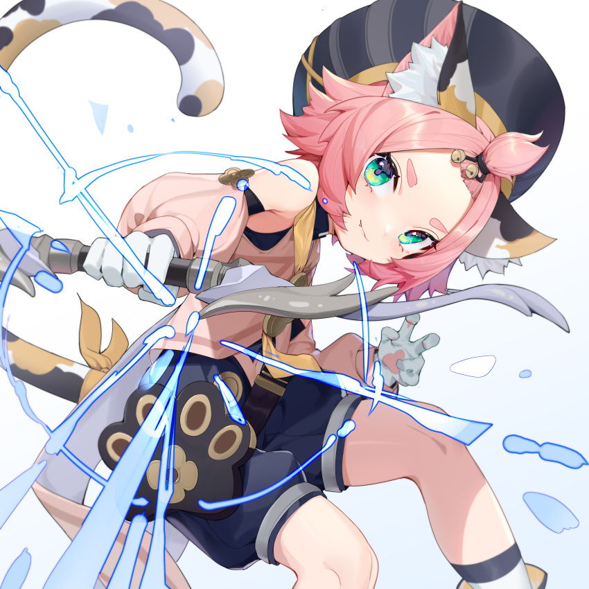 1girl absurdres animal_ears bare_shoulders bell bow_(weapon) cabbie_hat cat_ears cat_tail crossbow detached_sleeves diona_(genshin_impact) fang genshin_impact gloves green_eyes guangsupaomian hat highres holding holding_weapon jingle_bell long_sleeves looking_at_viewer paw_gloves paw_print paws pink_hair short_hair shorts smile solo tail tied_hair weapon