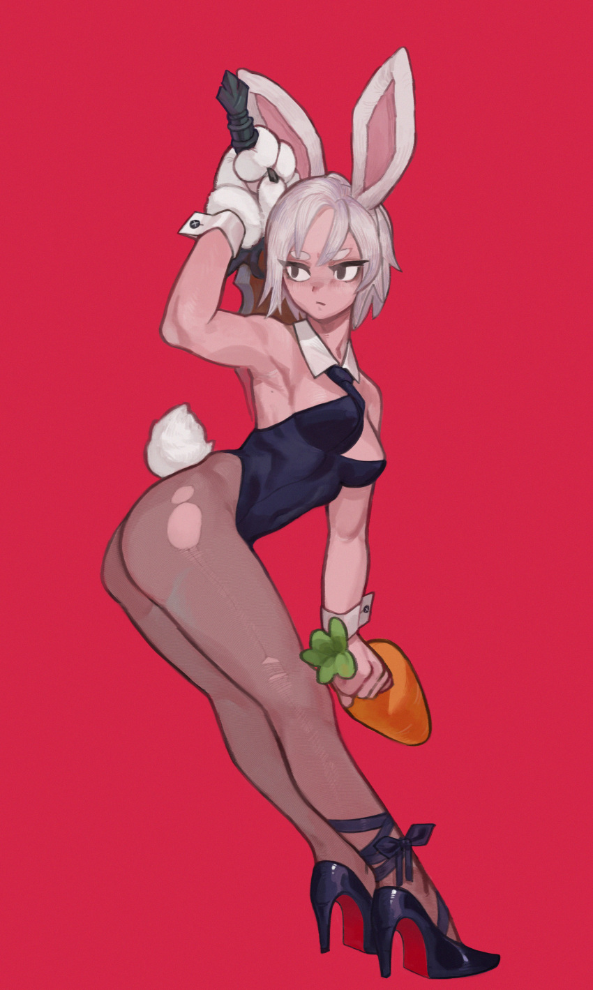 1girl absurdres animal_ears arm_up armpits battle_bunny_riven black_footwear black_leotard black_neckwear boridongja breasts bunny_paws bunny_tail carrot covered_navel cuffs detached_collar full_body gloves grey_hair high_heels highres large_breasts league_of_legends leotard necktie pantyhose playboy_bunny rabbit_ears red_background riven_(league_of_legends) simple_background single_glove solo standing tail torn_clothes torn_legwear