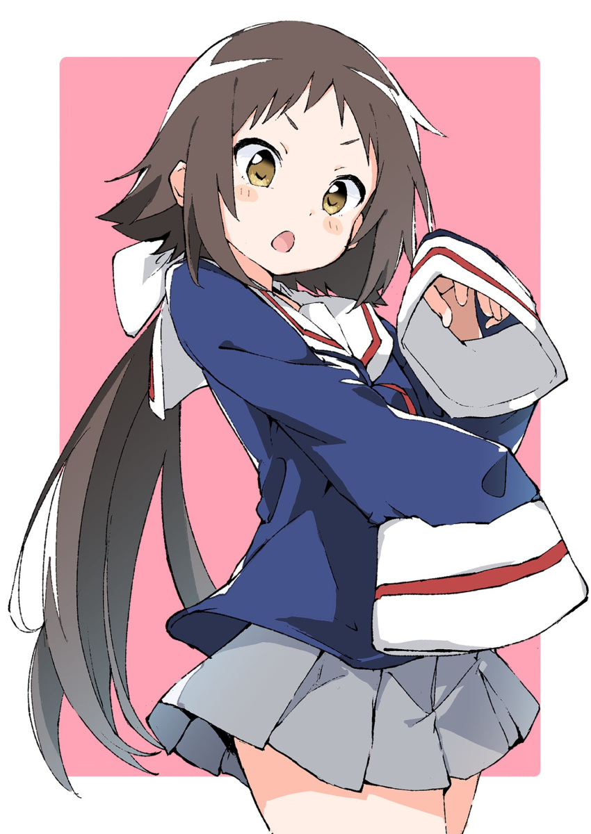 1girl blush brown_hair commentary_request highres long_hair looking_at_viewer mikakunin_de_shinkoukei mitsumine_mashiro open_mouth ponytail rauto school_uniform sleeves_past_fingers sleeves_past_wrists solo