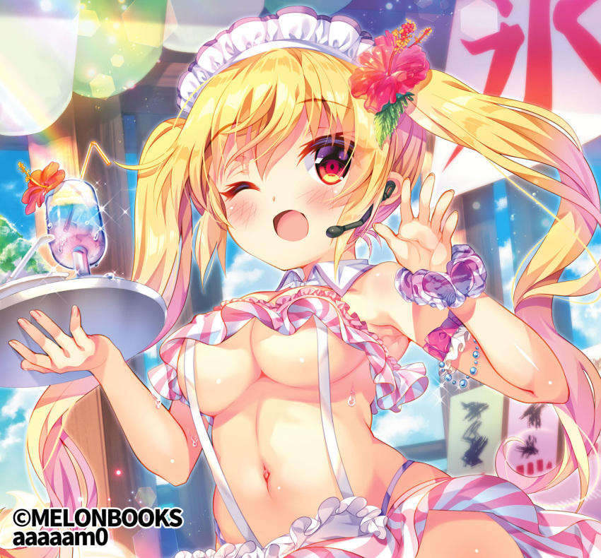 1girl amo_(shibu3) bangs bare_shoulders bikini blush breasts detached_collar drinking_straw eyebrows_visible_through_hair flower frilled_bikini frills glass hair_flower hair_ornament hibiscus highleg highleg_bikini highres large_breasts long_hair maid_headdress navel one_eye_closed open_mouth original red_eyes scrunchie shaved_ice skirt solo stomach striped suspenders swimsuit tray twintails under_boob upper_body vertical_stripes wrist_scrunchie