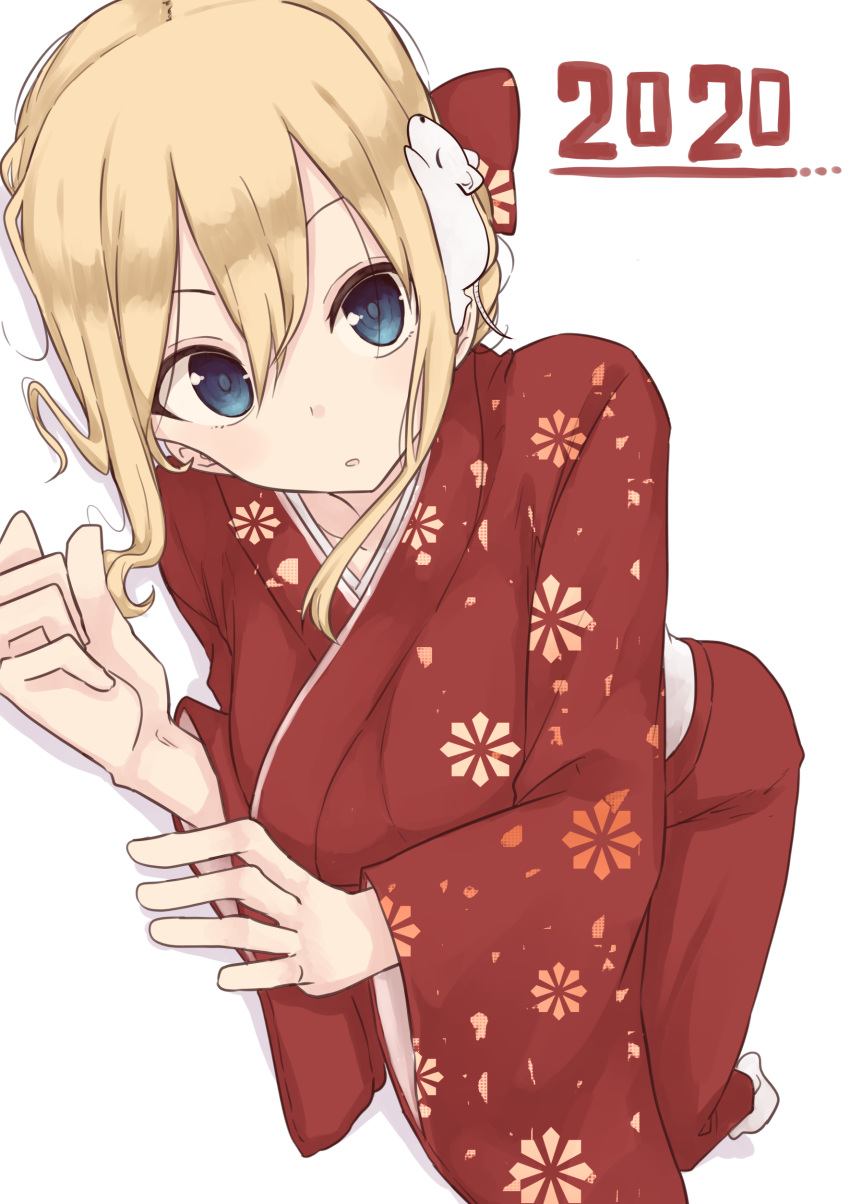 1girl 2020 :o absurdres animal animal_on_head bangs blonde_hair blue_eyes bow breasts collarbone foreshortening hair_between_eyes hair_bow highres japanese_clothes kimono kinpatsu-chan_(rucchiifu) large_breasts looking_at_viewer lying mouse new_year on_head on_side original red_kimono rucchiifu sash shadow short_hair socks solo white_background white_sash wide_sleeves