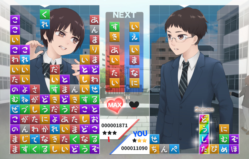 1boy 1girl blazer brown_eyes brown_hair check_translation gameplay_mechanics glasses jacket necktie original puzzle school_uniform short_hair translation_request yajirushi_(chanoma)