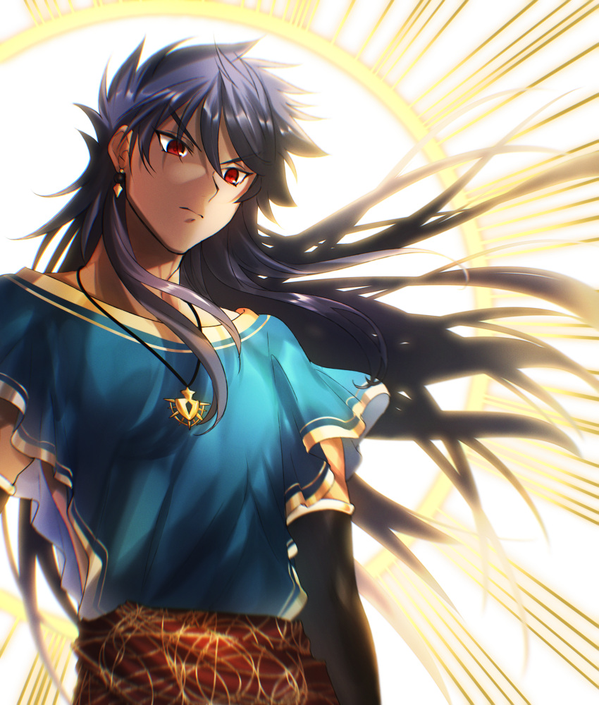 1boy absurdres backlighting closed_mouth dark_blue_hair dark_skin dark_skinned_male earrings elbow_gloves fate/grand_order fate_(series) gloves highres huge_filesize jewelry long_hair male_focus necklace onasu_(sawagani) red_eyes roman_clothes romulus_quirinus_(fate/grand_order) short_sleeves side_cutout upper_body very_long_hair