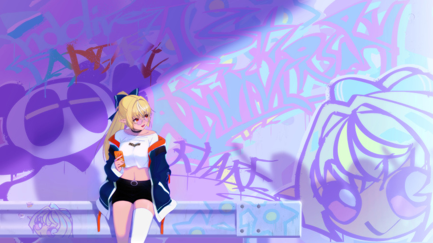1girl absurdres blonde_hair breasts cellphone contemporary dark_skin glasses graffiti highres holding holding_phone hololive large_breasts navel phone pointy_ears red_eyes robotta scenery shiranui_flare smartphone solo virtual_youtuber