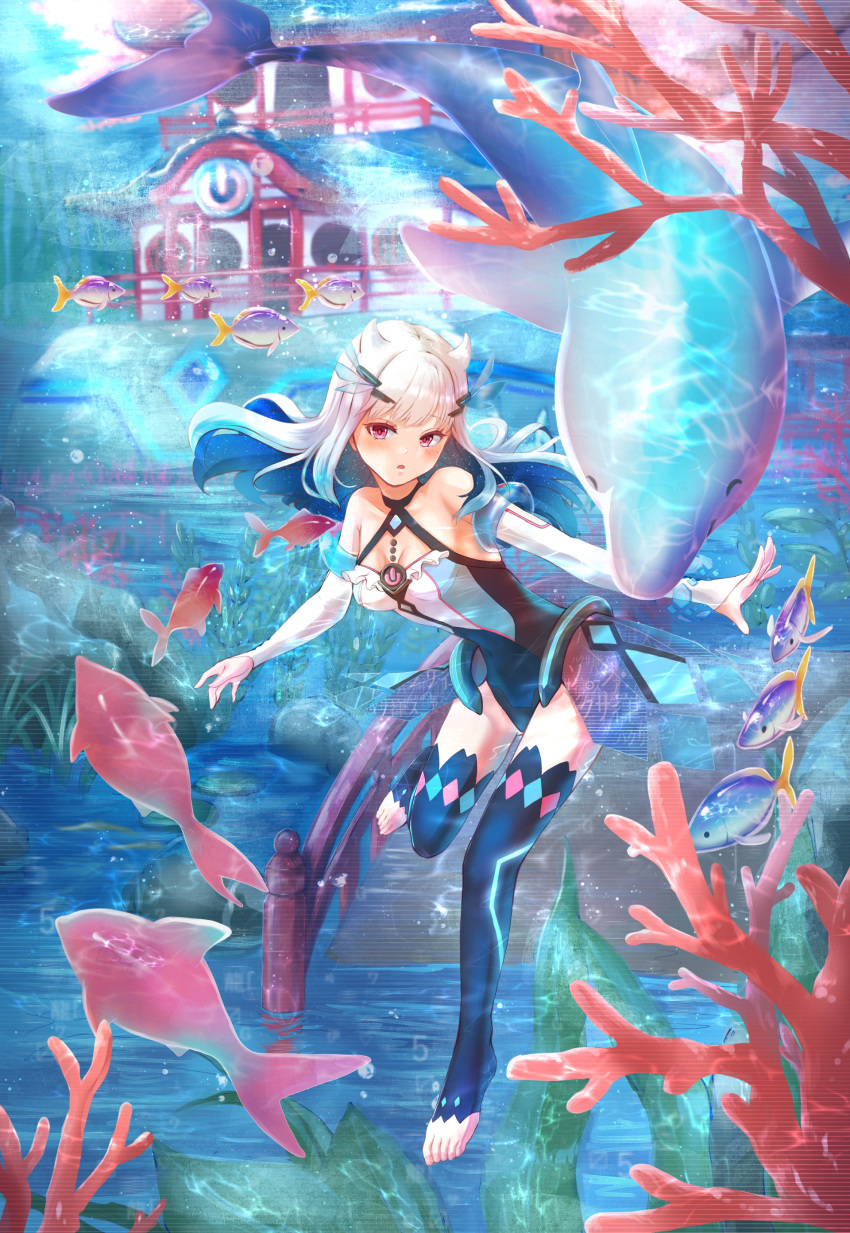 1girl absurdres barefoot blush coral detached_leggings detached_sleeves dolphin fish floating freediving highres kanechitomoyo laurels long_hair magia_record:_mahou_shoujo_madoka_magica_gaiden mahou_shoujo_madoka_magica mannenzakura_no_uwasa ocean_bottom swimming toeless_legwear underwater underwater_house violet_eyes white_hair