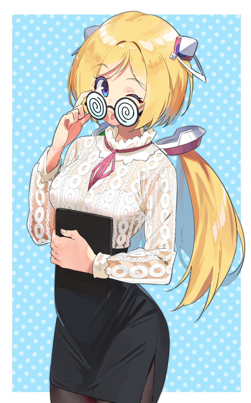 1girl adjusting_eyewear aki_rosenthal bangs bespectacled blonde_hair blush bob_cut breasts coke-bottle_glasses detached_hair electriccross elf eyebrows_visible_through_hair glasses headgear highres hololive long_hair low_twintails one_eye_closed open_mouth pantyhose parted_bangs pointy_ears short_hair skirt smile solo twintails violet_eyes virtual_youtuber