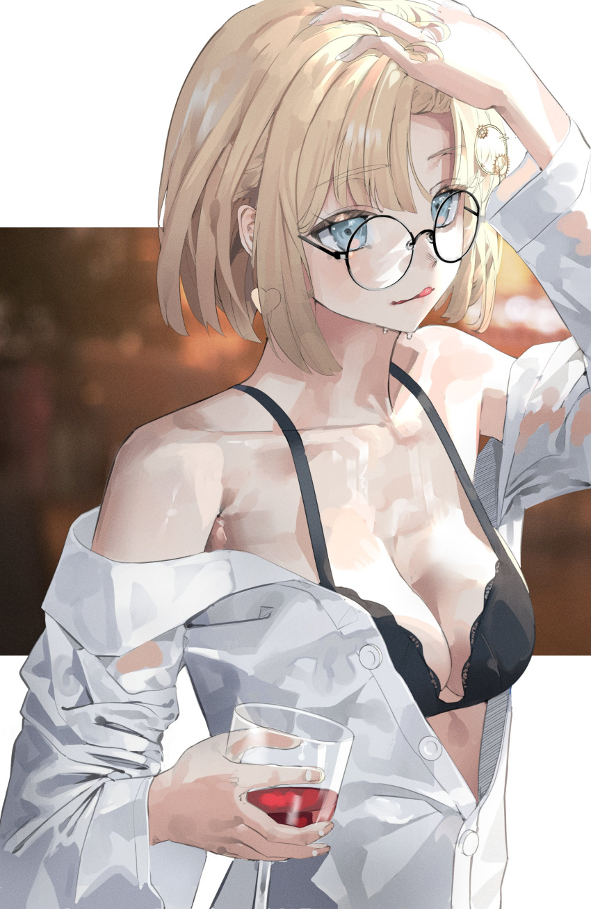 1girl absurdres black-framed_eyewear black_bra blonde_hair blue_eyes border bra breasts collarbone cup dress_shirt drinking_glass earrings glasses hand_in_hair hani_haya heart heart_earrings highres hololive hololive_english jewelry licking_lips medium_breasts official_art red_wine see-through shirt short_hair solo sweat tongue tongue_out underwear upper_body watson_amelia white_border white_shirt wine_glass