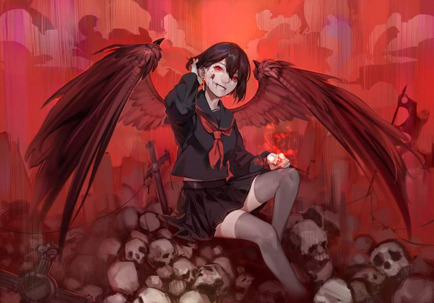 1girl absurdres black_hair black_legwear black_serafuku blood blood_on_face chiizu_namasu clouds cross cross_earrings demon_girl demon_wings earrings fangs feathered_wings fingernails flag glowing glowing_nails grey_legwear hair_between_eyes highres holding hoop_earrings jewelry orange_nails original planted red_eyes red_neckwear red_theme red_wings school_uniform serafuku short_hair sitting skull solo thigh-highs torn torn_flag uniform wings