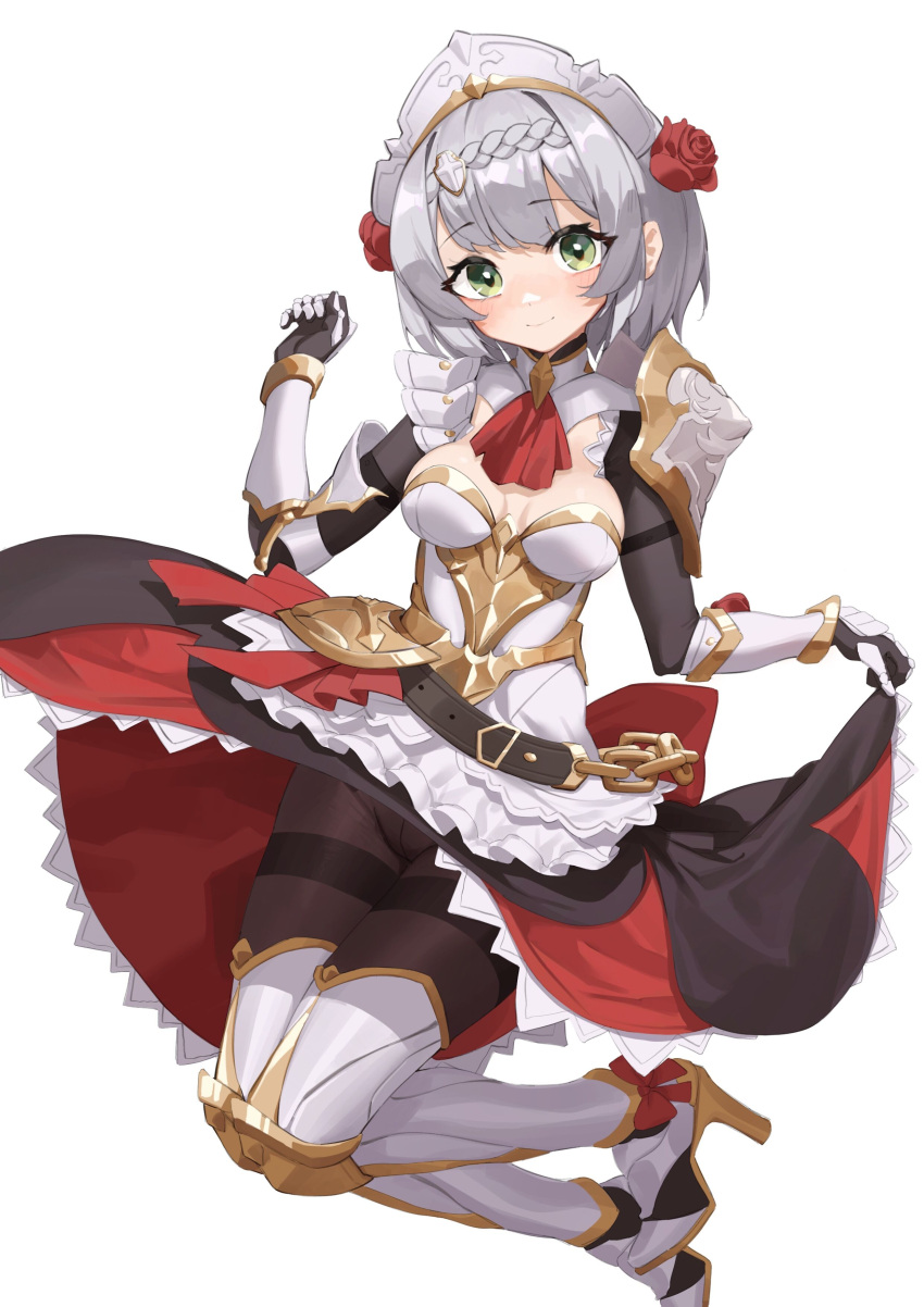 1girl absurdres armor armored_boots bangs black_legwear boots braid braided_bangs breasts chain dress eyebrows_visible_through_hair flower gauntlets genshin_impact green_eyes grey_hair hair_flower hair_ornament high_heel_boots high_heels highres maid_headdress medium_breasts noelle_(genshin_impact) pantyhose red_flower red_rose rose rui_(rei_leyi) short_hair shoulder_armor simple_background skirt_hold solo thigh-highs thigh_boots thighband_pantyhose white_background