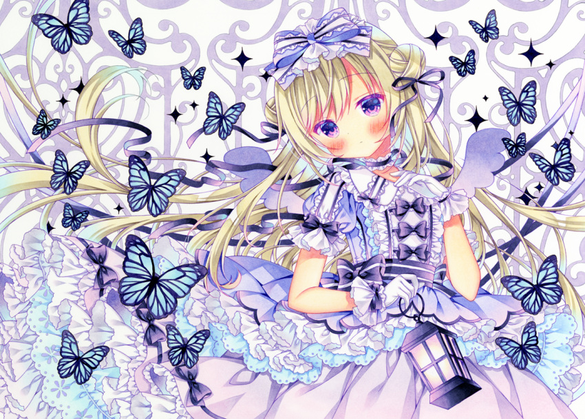 1girl bangs blue_butterfly blush bow center_frills choker collared_dress double_bun dress eyebrows_visible_through_hair frilled_gloves frilled_shirt_collar frills gloves hair_bow hair_ribbon lamp layered_dress long_hair marker_(medium) original puffy_short_sleeves puffy_sleeves purple_dress puu_(kari---ume) ribbon ribbon_choker short_sleeves solo traditional_media very_long_hair violet_eyes waist_bow white_gloves