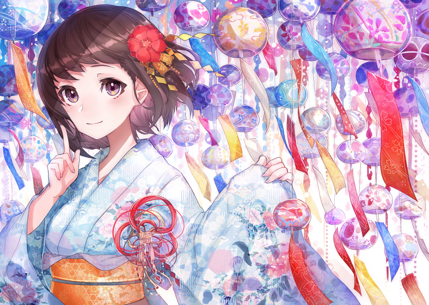 1girl brown_hair hair_ornament japanese_clothes kimono looking_at_viewer mika_pikazo original sash short_hair smile solo violet_eyes wind_chime