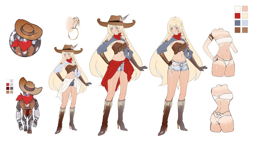 absurdres ass bandana blonde_hair blue_eyes boots breasts bugie character_sheet commission commissioner_upload cowboy_boots cowboy_hat earrings gloves hat highres jewelry original robot serenity_(dendroai) shoes short_shorts shorts thighs