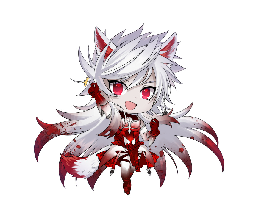 1boy alternate_design alternate_hair_color animal_ears bangs blood blood_stain bloody_clothes bloody_hands chibi earrings elbow_gloves fate/grand_order fate_(series) full_body gloves highres jewelry long_hair male_focus onasu_(sawagani) romulus_quirinus_(fate/grand_order) tail very_long_hair wolf_boy wolf_ears wolf_tail