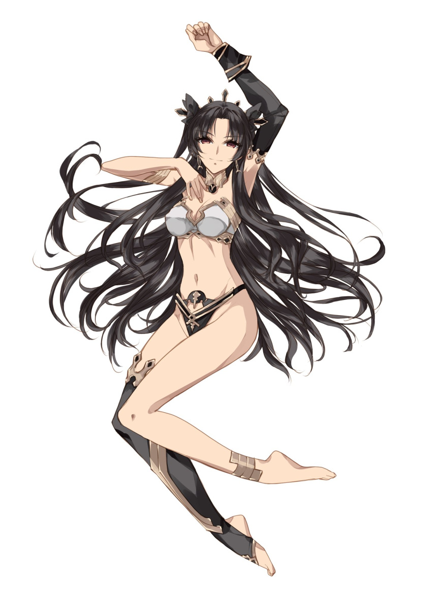1girl ass black_background brown_hair crown earrings fate/grand_order fate_(series) feet full_body highres ishtar_(fate)_(all) ishtar_(fate/grand_order) jewelry legs long_hair looking_at_viewer misteor navel red_eyes simple_background single_thighhigh smile solo thigh-highs toeless_legwear twintails white_background