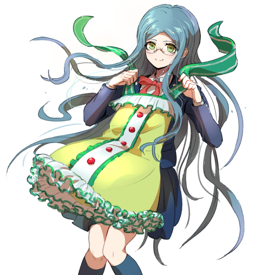 1girl bangs black_legwear blue_hair bow closed_mouth collared_shirt commentary_request dangan_ronpa dress dress_removed feet_out_of_frame floating_hair frilled_skirt frills glasses green_eyes hands_up highres holding kneehighs long_hair long_sleeves looking_at_viewer messy_hair neck_ribbon new_dangan_ronpa_v3 parted_bangs ribbon semi-rimless_eyewear shirogane_tsumugi shirt simple_background skirt smile solo standing under-rim_eyewear very_long_hair white_background youko-shima