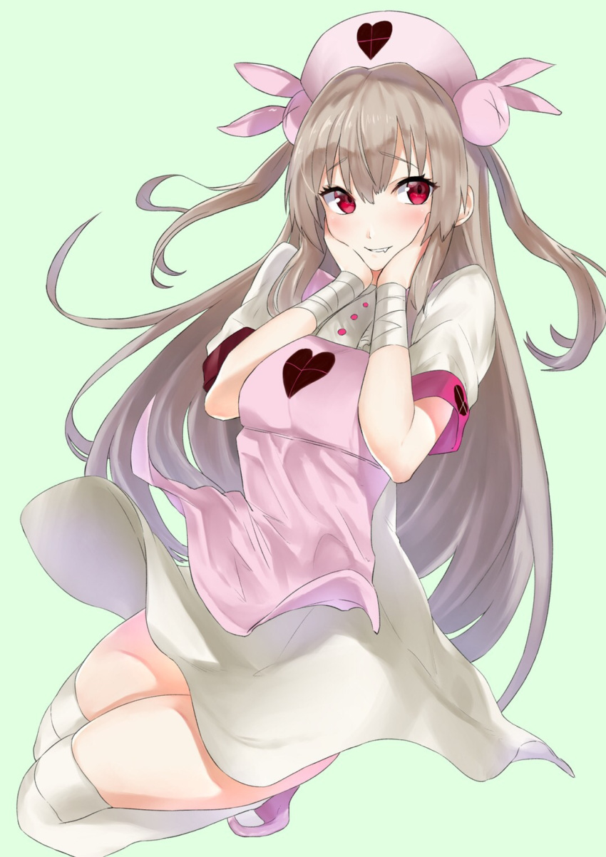1girl apron breasts hat heart highres hotate-chan long_hair looking_at_viewer natori_sana nurse pink_apron red_eyes sana_channel simple_background smile solo virtual_youtuber