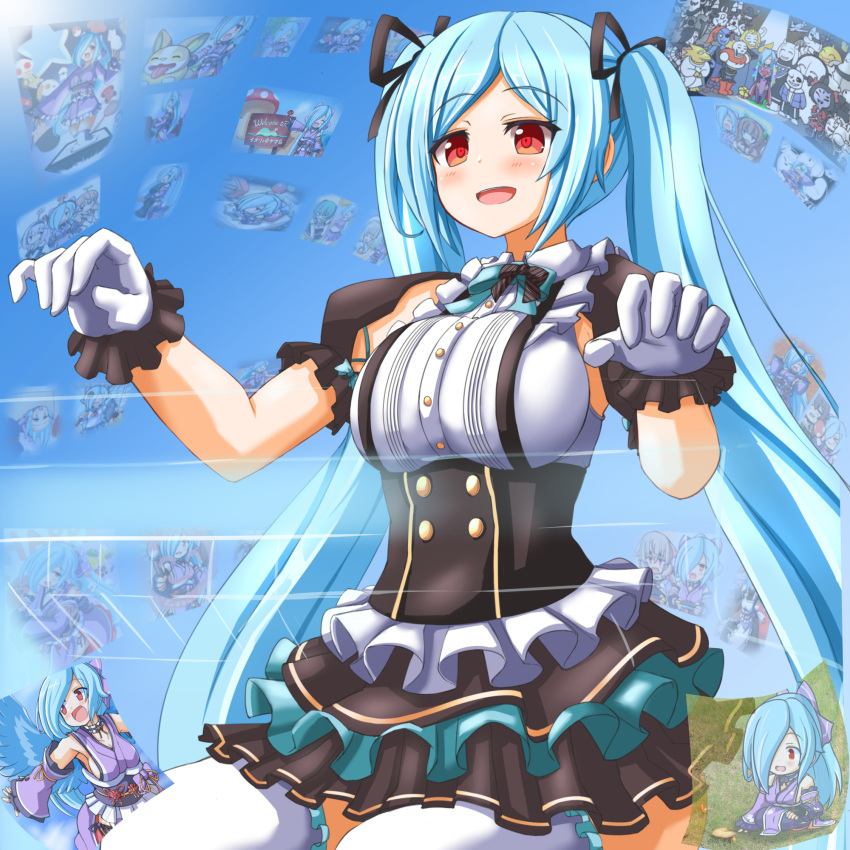 .live alternate_costume alternate_hairstyle blue_hair blush breasts commentary_request gloves hair_ornament highres large_breasts red_eyes shizukanahoshi sky thigh-highs twintails undertale virtual_youtuber white_legwear yamato_iori