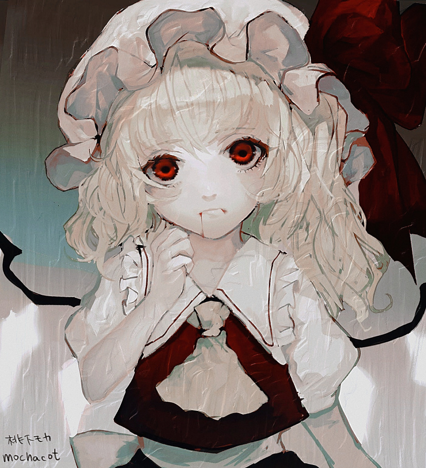 1girl arm_up artist_name blonde_hair blood blood_from_mouth blue_background commentary_request cravat expressionless eyebrows_visible_through_hair flandre_scarlet gradient gradient_background hat hat_ribbon head_tilt highres looking_at_viewer mob_cap mochacot one_side_up paint_(medium) pink_background puffy_short_sleeves puffy_sleeves red_eyes red_vest ribbon shirt short_hair short_sleeves solo standing texture touhou traditional_media upper_body vest white_headwear white_shirt wings yellow_neckwear
