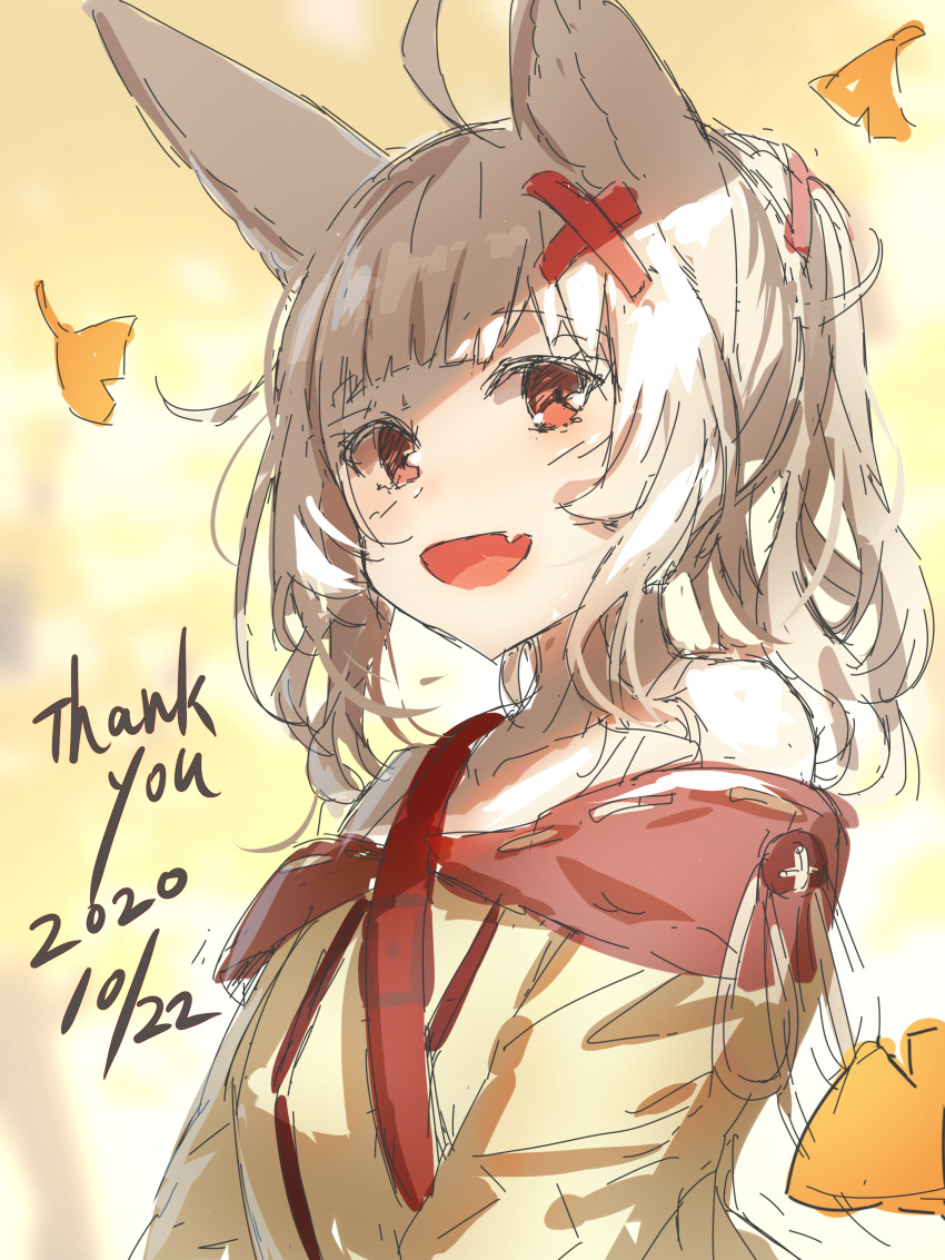 1girl :d absurdres ahoge animal_ears bangs bare_shoulders blurry blurry_background brown_shirt collarbone dated depth_of_field eyebrows_visible_through_hair fang fox_ears ginkgo_leaf hair_ornament hairclip highres light_brown_hair long_hair off-shoulder_shirt off_shoulder open_mouth original ponytail red_eyes shirt smile solo thank_you upper_body x_hair_ornament yuuji_(yukimimi)